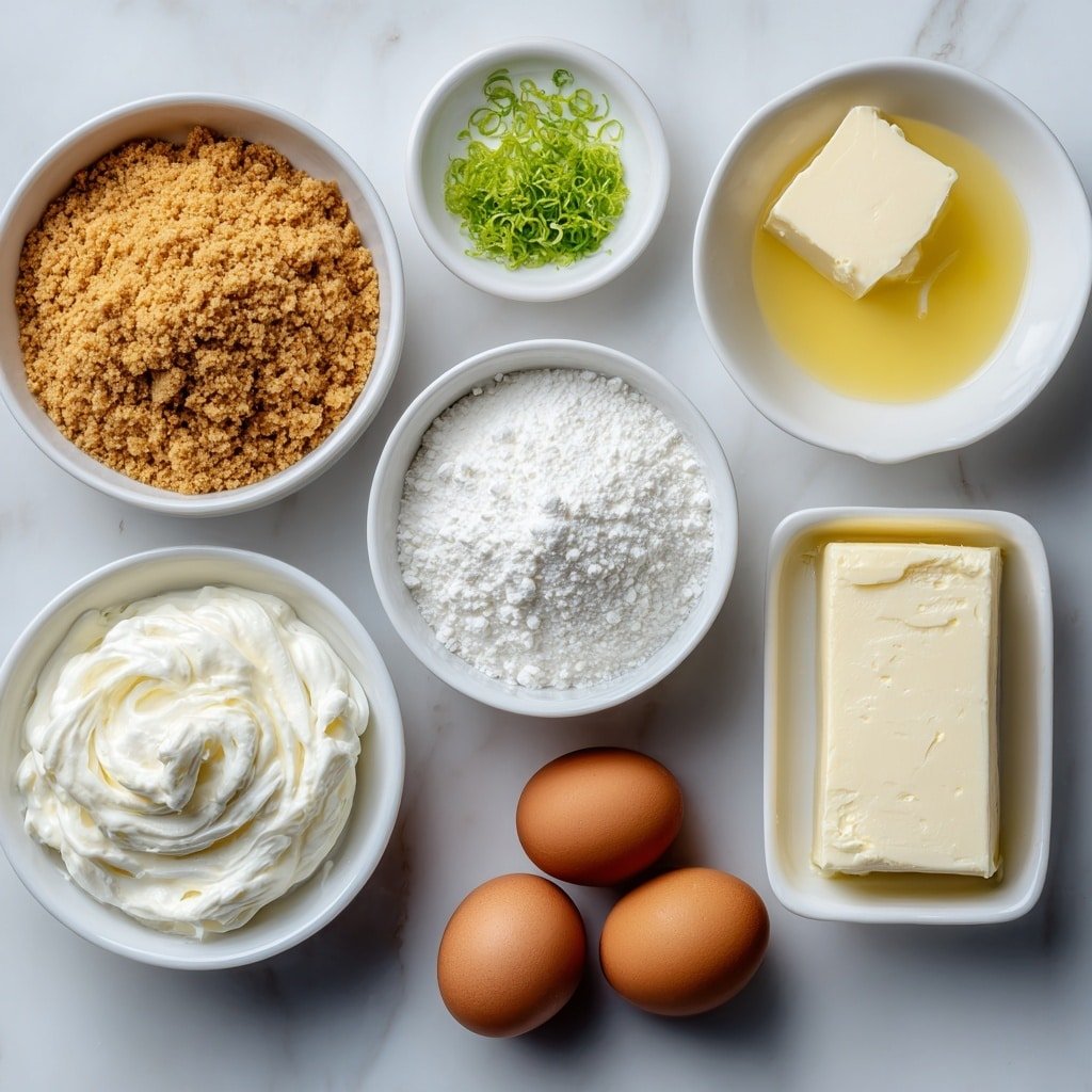 Flat lay of a small mound of golden graham cracker crumbs, a few tablespoons of granulated sugar in a small white bowl, a drizzle of melted butter pooled in a small white bowl, a block of smooth cream cheese, a small white bowl filled with thick sweetened condensed milk, four whole uncracked brown eggs, a few twisted strands of fresh green lime zest, a small white bowl with pale green key lime juice, a small white bowl of fluffy white whipping cream, and a tiny heap of fine white confectioners sugar all arranged in perfect symmetry on a simple white ceramic surface, placed on a clean white marble surface, soft natural light, photo taken with an iPhone, professional food photography style, fresh ingredients, white ceramic bowls, no bottles, no duplicates, no utensils, no packaging --ar 1:1 --v 7 --p m7354639359234015250 — Key Lime Bars, Key Lime Bars recipe, how to make Key Lime Bars, easy Key Lime Bars, tropical lime bars