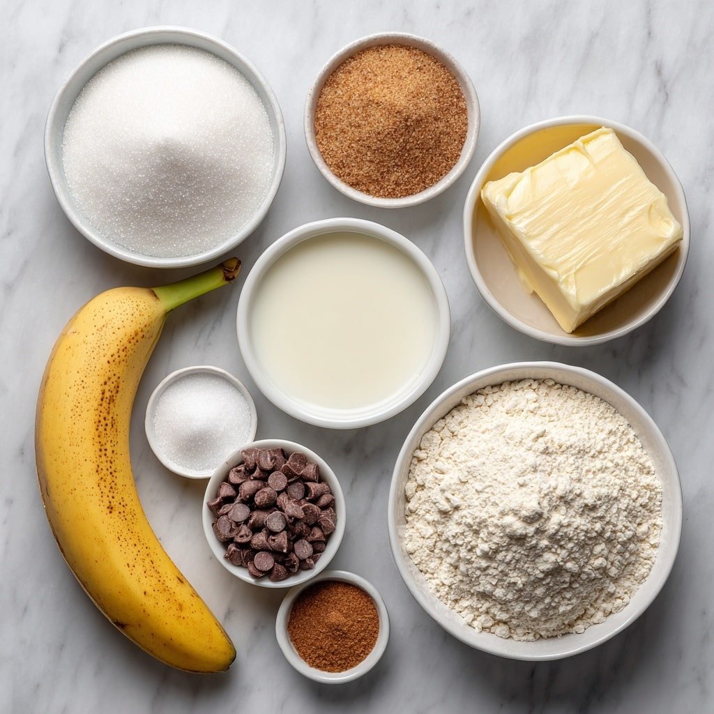 Flat lay of a small peeled ripe banana, a small white ceramic bowl with melted butter, a small white ceramic bowl filled with granulated sugar, a small white ceramic bowl containing milk, a small white ceramic bowl with vanilla extract, a small pile of fine salt crystals, a small heap of baking powder, a small mound of ground cinnamon, a small white ceramic bowl with all-purpose flour, a small white ceramic bowl holding semisweet chocolate chips, all arranged in perfect symmetry on a clean white marble surface, soft natural light, photo taken with an iPhone, professional food photography style, fresh ingredients, white ceramic bowls, no bottles, no duplicates, no utensils, no packaging --ar 1:1 --v 7 --p m7354639359234015250 — Chocolate Chip Banana Mug Cake, quick banana mug cake, easy mug cake with chocolate, single-serve banana treat, fast dessert mug cake