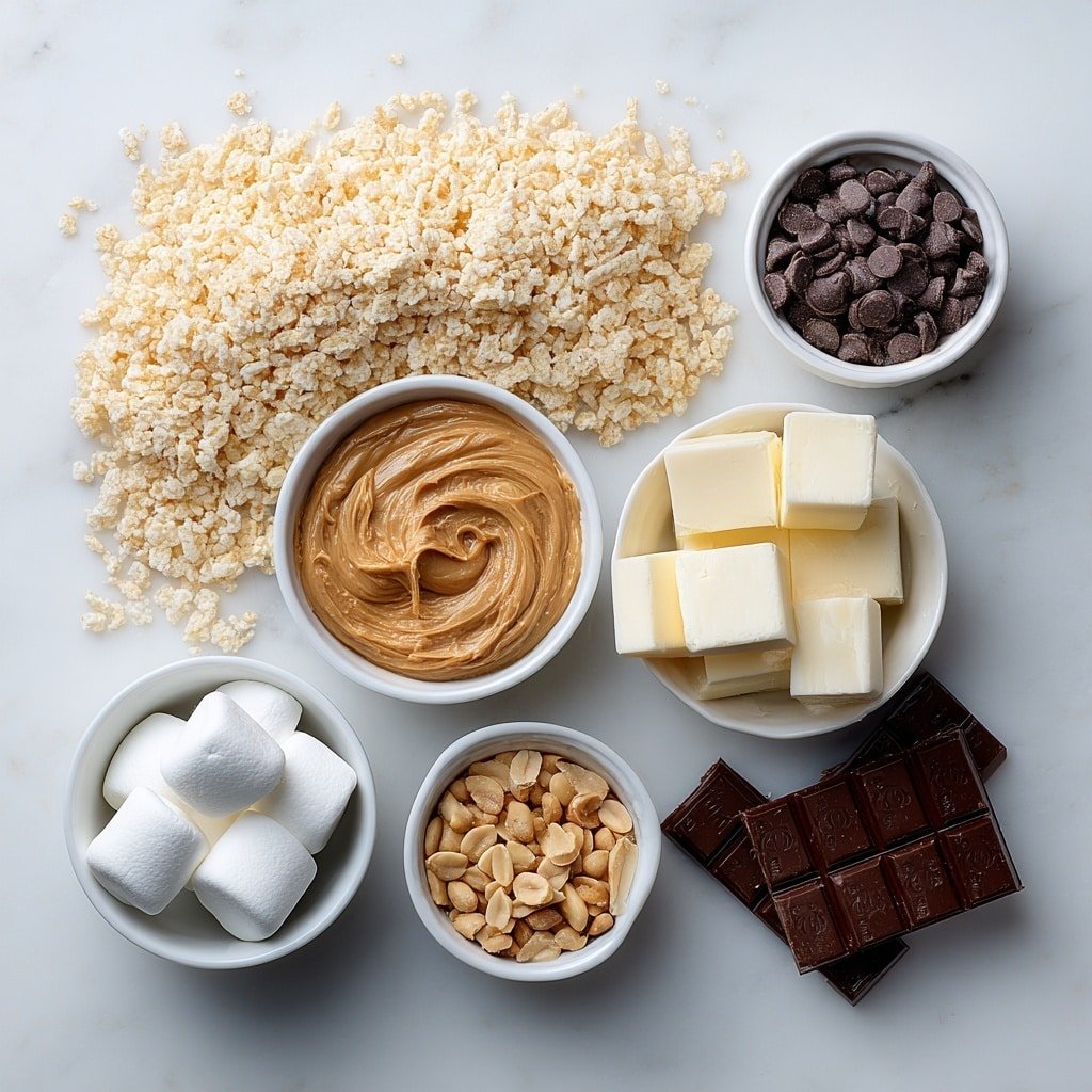 Flat lay of a large pile of plain Rice Krispie cereal, a small white ceramic bowl filled with smooth peanut butter, a small white ceramic bowl containing several unwrapped marshmallows, a few small cubes of unsalted butter, a small white ceramic bowl holding shiny milk chocolate chips, a small white ceramic bowl with chopped natural peanuts scattered inside, all arranged symmetrically on a clean white marble surface, soft natural light, photo taken with an iPhone, professional food photography style, fresh ingredients, white ceramic bowls, no bottles, no duplicates, no utensils, no packaging --ar 1:1 --v 7 --p m7354639359234015250 — Chocolate Peanut Butter Rice Krispie Squares, easy rice krispie treat recipes, no-bake dessert ideas, quick peanut butter rice crispy bars, indulgent chocolate cereal squares