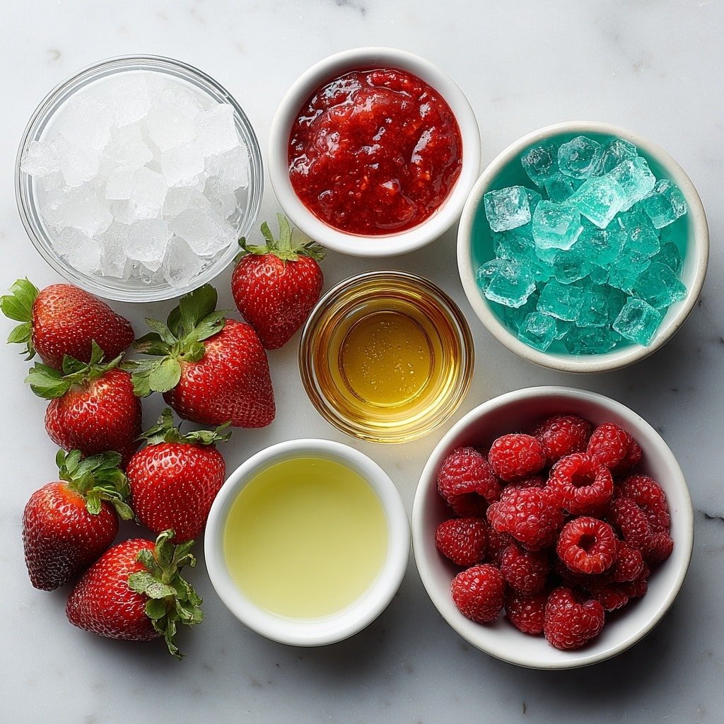 Flat lay of fresh whole strawberries with green leaves, a small white bowl of bright red strawberry purée, a small white bowl of clear tequila, a small white bowl of pale yellow lemonade, a small white bowl of vibrant blue Hawaiian cocktail mix, and a pile of clear ice cubes, all arranged symmetrically in simple white ceramic bowls placed on a clean white marble surface, soft natural light, photo taken with an iPhone, professional food photography style, fresh ingredients, white ceramic bowls, no bottles, no duplicates, no utensils, no packaging --ar 1:1 --v 7 --p m7354639359234015250 — Strawberry Blue Hawaiian Cocktail, tropical cocktail recipes, blue Hawaiian drinks, fruity tequila cocktails, easy summer drinks
