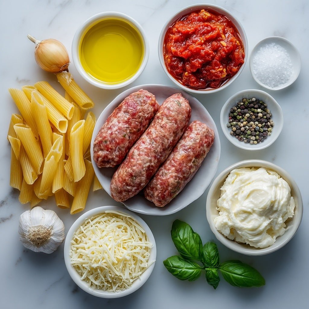 Flat lay of a raw Italian sausage link with casings removed and crumbled, a medium yellow onion peeled whole, four fresh garlic cloves, a small white ceramic bowl of golden olive oil, a small white ceramic bowl of pale translucent white grape juice, a small white ceramic bowl filled with bright red crushed tomatoes, a small white ceramic bowl of fine white salt, a small white ceramic bowl of black peppercorns, a few sprigs of fresh green basil, a small bunch of fresh curly parsley, a small white ceramic bowl of thick heavy cream, a handful of uncooked rigatoni pasta tubes, and a small mound of shredded white mozzarella cheese, all arranged with perfect symmetry on a clean white marble surface, soft natural light, photo taken with an iPhone, professional food photography style, fresh ingredients, white ceramic bowls, no bottles, no duplicates, no utensils, no packaging --ar 1:1 --v 7 --p m7354639359234015250 — Baked Sausage Rigatoni, baked pasta with sausage, cheesy baked rigatoni, Italian sausage pasta bake, comfort food recipes