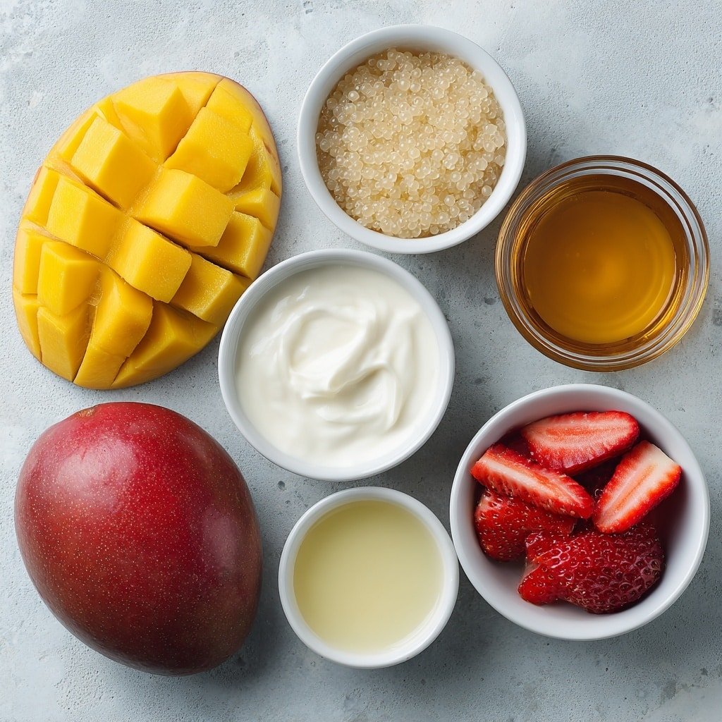 Flat lay of ripe whole mangoes with bright orange flesh visible from one sliced mango, a small white ceramic bowl filled with tiny translucent tapioca pearls, a small white bowl of creamy whole milk, a small white bowl of rich full-fat coconut milk, a small white bowl holding golden honey, and a small white bowl of fresh sliced red strawberries, placed on a clean white marble surface, soft natural light, photo taken with an iPhone, professional food photography style, fresh ingredients, white ceramic bowls, no bottles, no duplicates, no utensils, no packaging --ar 1:1 --v 7 --p m7354639359234015250 — Mango Tapioca Pudding, tropical dessert recipes, easy tapioca pudding, mango dessert ideas, creamy fruit puddings