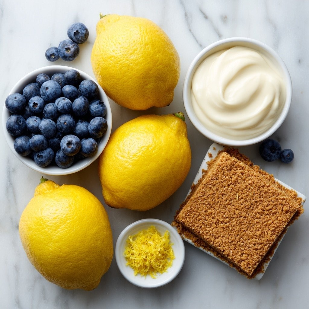 Flat lay of fresh whole lemons with bright yellow rind and glossy texture, a small white ceramic bowl filled with vibrant plump blueberries, another small white bowl containing smooth, creamy sweetened condensed milk, a whole uncut graham cracker crust with golden-brown color and crumbly texture, and a tiny white dish holding fine bright yellow lemon zest placed symmetrically on a clean white marble surface, soft natural light, photo taken with an iPhone, professional food photography style, fresh ingredients, white ceramic bowls, no bottles, no duplicates, no utensils, no packaging --ar 1:1 --v 7 --p m7354639359234015250 — Blueberry Lemon Pie, Blueberry Lemon Pie No-Bake, Easy Blueberry Lemon Dessert, Fresh Blueberry Pie, Lemon Berry Pie